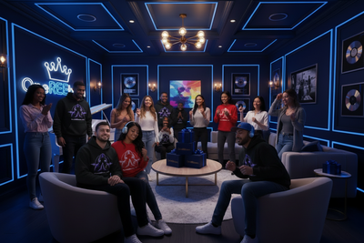 The Music — Tier 3 subscription — diverse group at music lounge with OneREEborn merch and neon sign